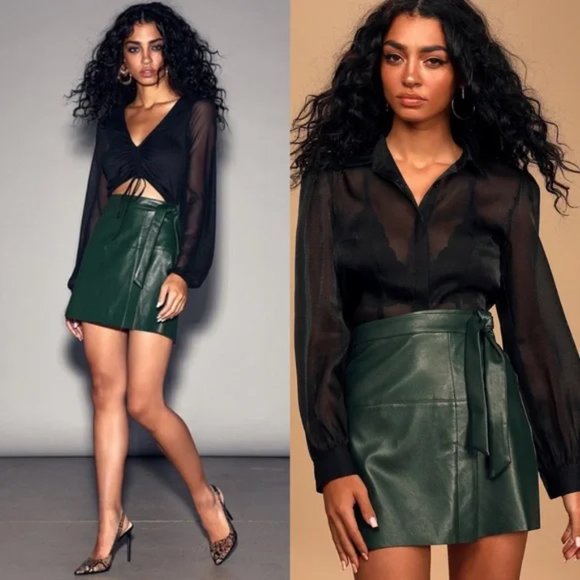 Lulus Daydream With Me Forest Green Vegan Leather Wrap Mini Skirt - Picture 3 of 7
